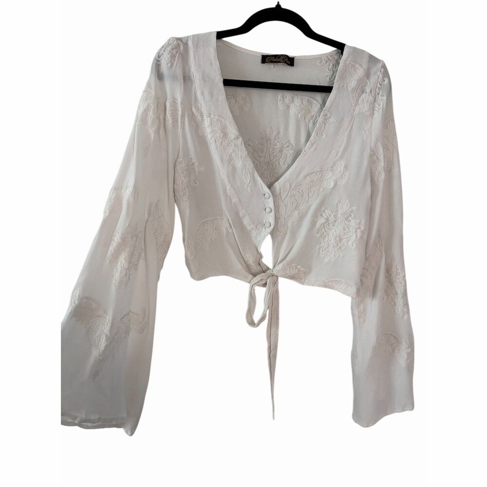 PetalRoz Blouse Top Womens Size L White Cropped Tie-Front Bell Sleeves